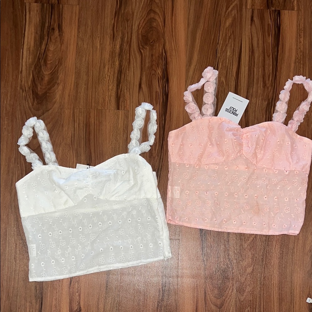Pink and white eyelet tank tops